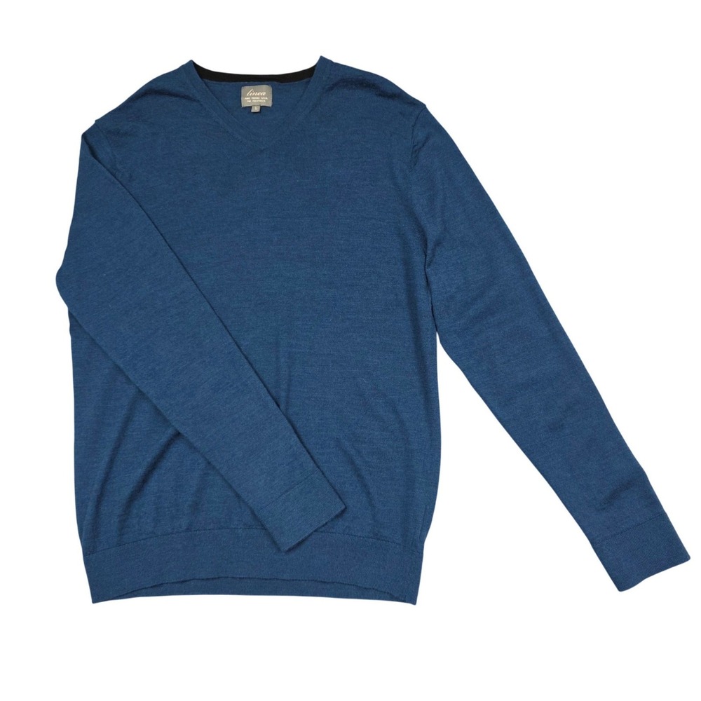 Linea V-Neck Sweater Mens L Blue Pure Merino Wool The Prestwick Classic Pullover